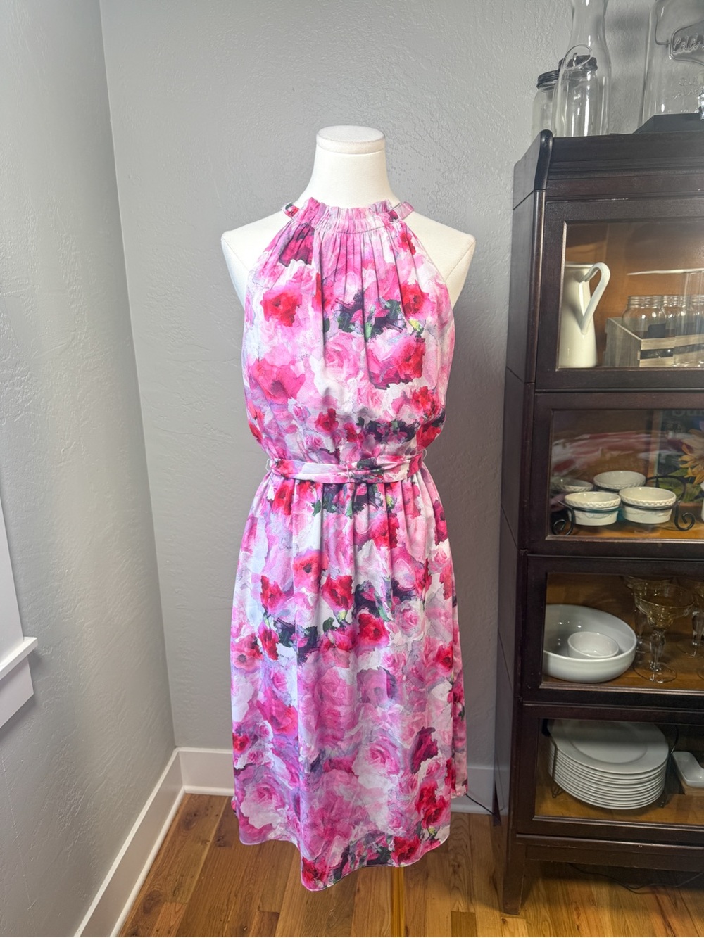 Adrianna Papell Pink Floral Halter Midi Dress Belted Blouson Size 2
